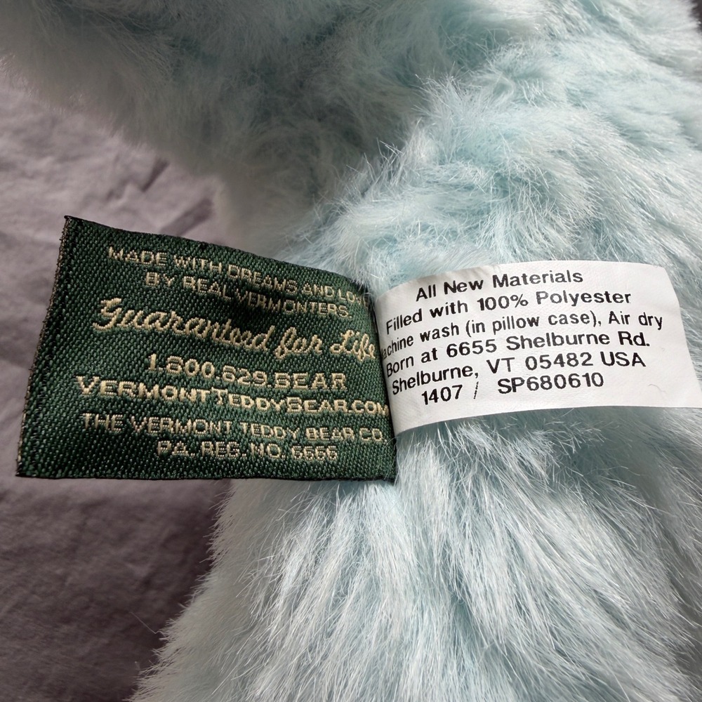 Vermont Teddy Bear Light Blue Plush Stuffed Animal 15 Inch Handcrafted USA Flat - Picture 3 of 6